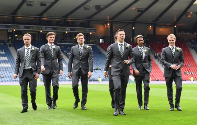 Celtic players get out for a look at the Hampden pitch