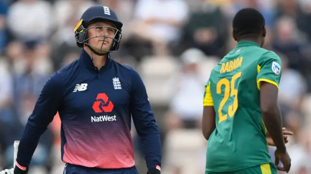 Jason Roy reacts after being bowled by Kagiso Rabada