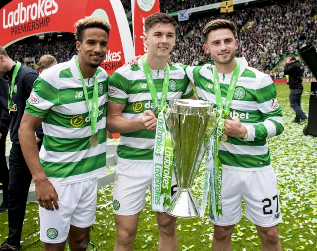 Record breakers: Scott Sinclair, Kieran Tierney and Patrick Roberts enjoy the title party