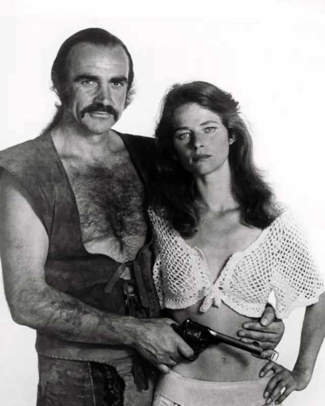 Sean Connery as Zed and Charlotte Rampling as Consuella in a promotional portrait for 'Zardoz', directed by John Boorman, 1974.