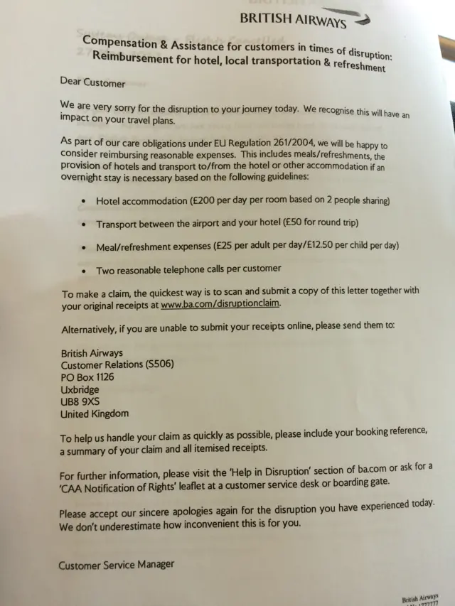 a letter detailing compensation available to BA passengers