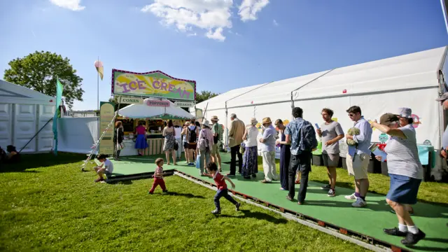 Festival-goers queuing for ice cream outside a stall