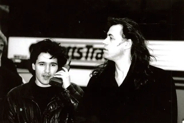 Bob Geldof (r) and Peter Florence at the Hay Festival in 1989