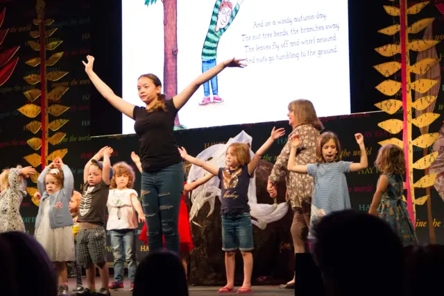 Julia Donaldson and fans on stage at the Hay Festival