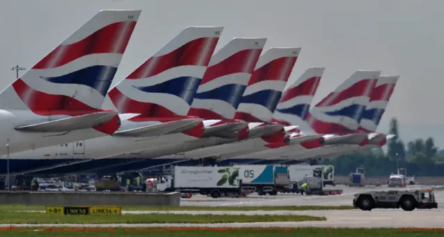 BA planes parked at Heathrow airport