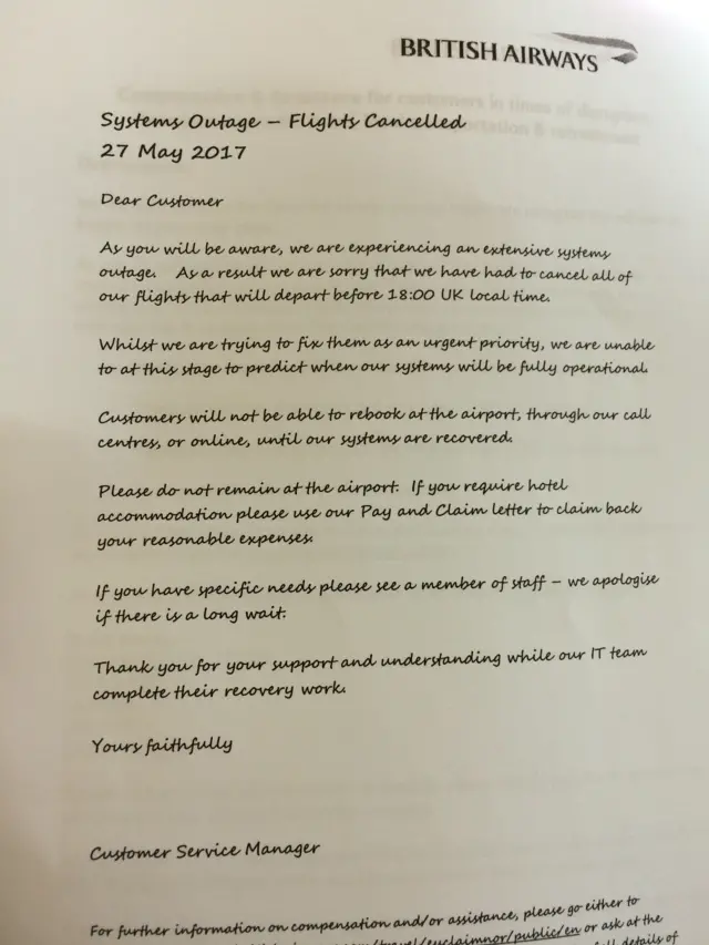 a letter detailing compensation available to BA passengers