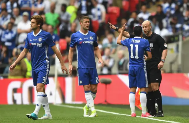 Chelsea players with referee Anthony Taylor