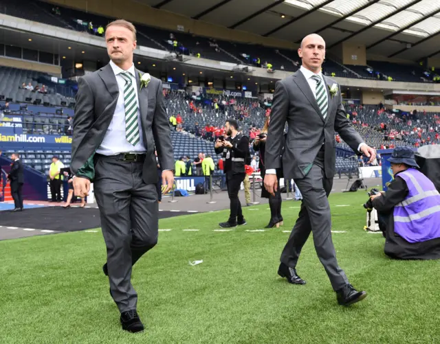 Celtic striker Leigh Griffiths and captain Scott Brown stride across Hampden