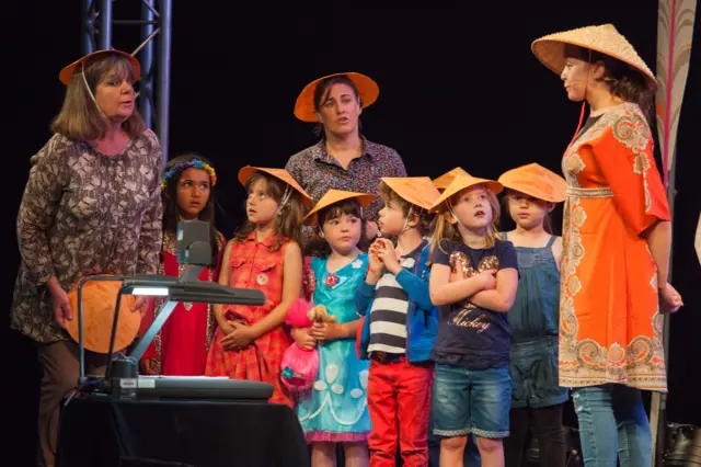 Julia Donaldson and fans on stage at the Hay Festival