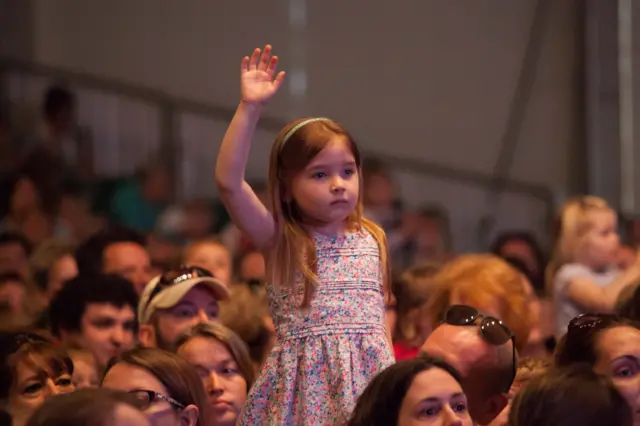 A festival-goer asks Julia Donaldson a question at the Hay Festival.