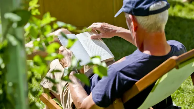 Man sitting in the sun reading a book