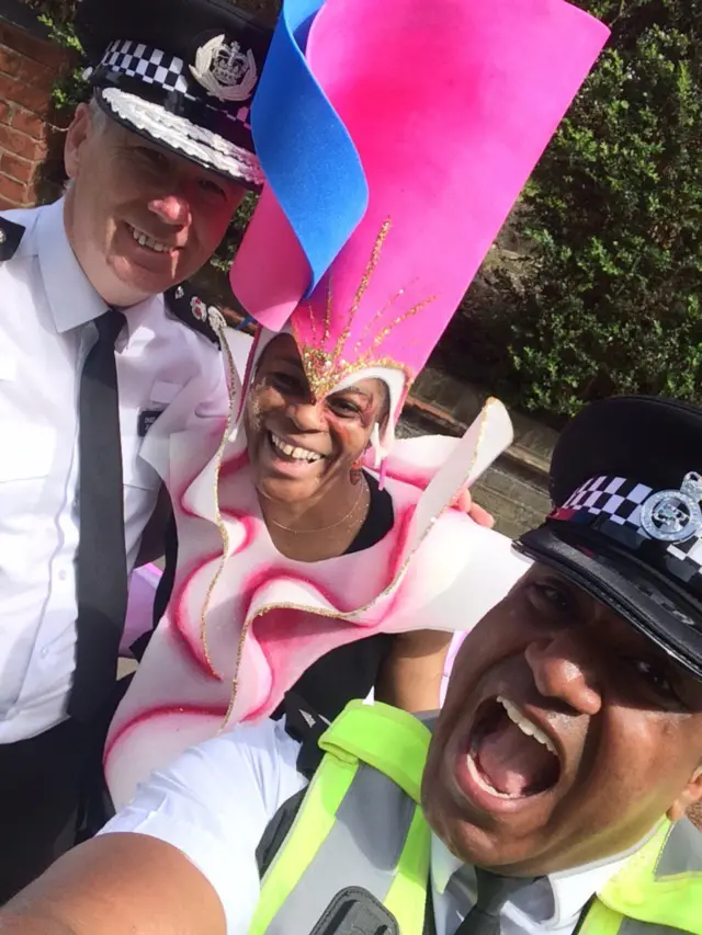 Chief Constable Jon Boutcher and Ch Insp Hob Hoque with a Carnivial-goer