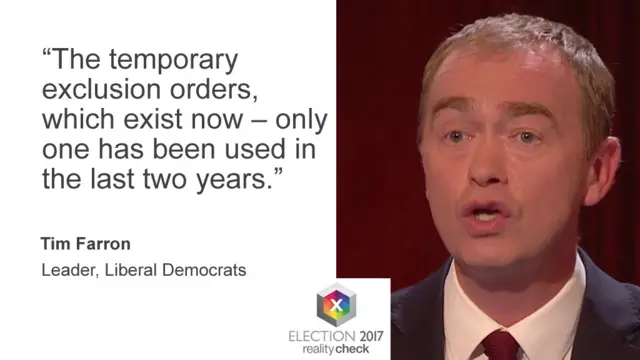 Tim Farron saying: "The temporary exclusion orders, which exist now – only one has been used in the last two years."