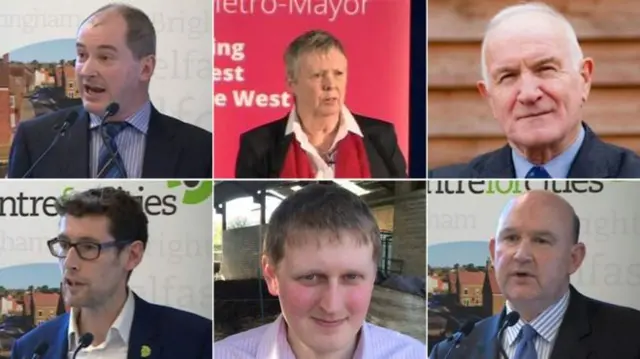 From left to right: Stephen Williams (Lib Dems), Lesley Ann Mansell (Labour), John Christopher Savage (Independent), Darren Edward Hall (Green Party), Aaron Warren Foot (UKIP), Tim Bowles (Conservative)