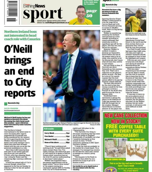 Back page of Norwich Evening News