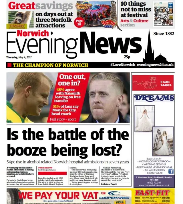 Front page of Norwich Evening News