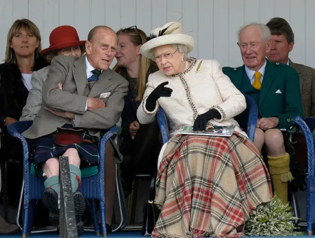 Queen Elizabeth and Prince Philip attending the Braemar Gathering in Scotland, 2014