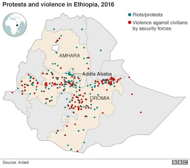 Map of protests in Ethiopia