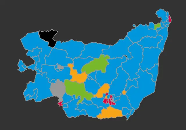 Map of county showing balance of political parties