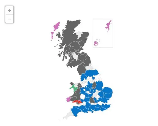 A map of Britain showing which parties have won which seats