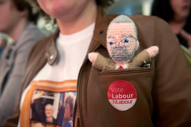 A Labour Party supporter, with a doll depicting Britain"s opposition Labour Party Leader Jeremy Corbyn