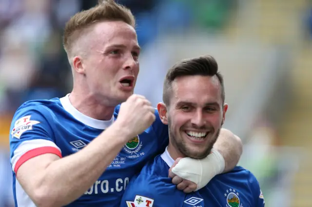 Andrew Waterworth's two first-half goals have put Linfield in control in the Irish Cup Final