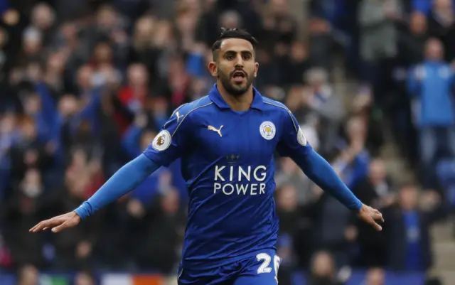 Leicester's Mahrez celebrates