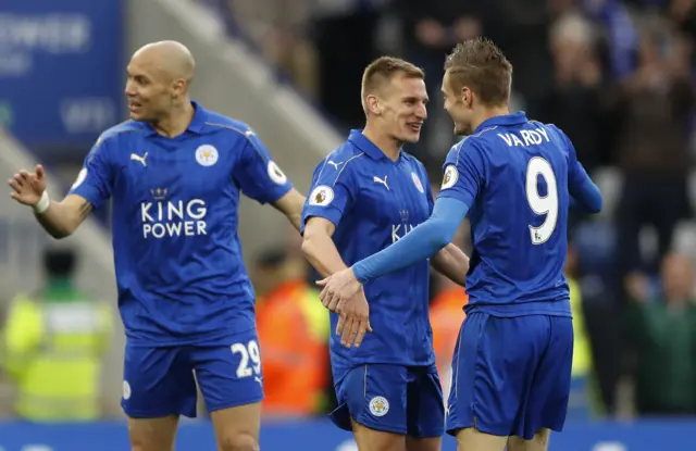 Albrington celebrates with Vardy