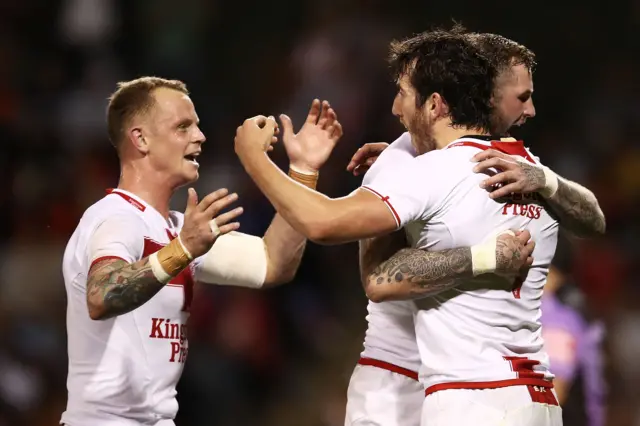 Stefan Ratchford celebrates scoring try