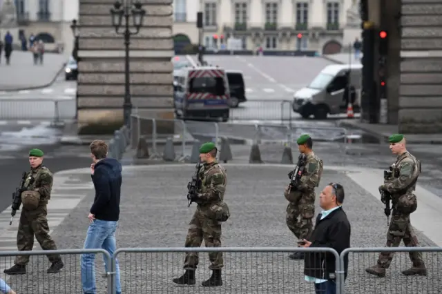 French soldiers on patrol in Paris, 7 May