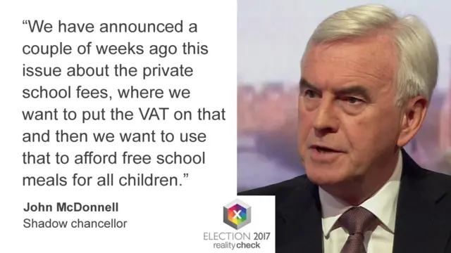 John McDonnell saying: “We have announced a couple of weeks ago this issue about the private school fees where we want to put the VAT on that and then we want to use that to afford free school meals for all children.”