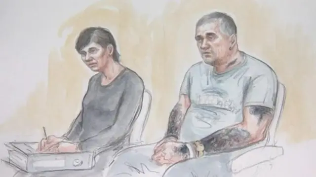 Court drawing of Nicholas Taylor and Joan Taylor.