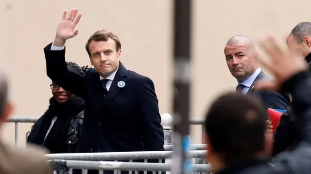 Macron arrives at campaign HQ