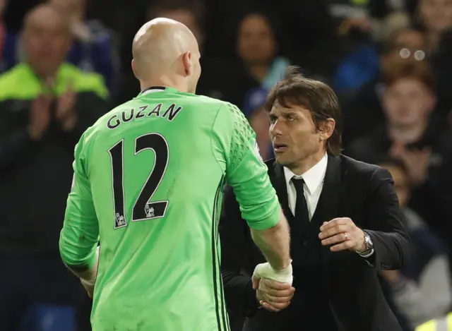 Antonio Conte shakes hands with Brad Guzan