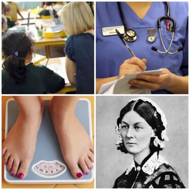 Teacher with pupil, nurse, person on scales and Florence Nightingale