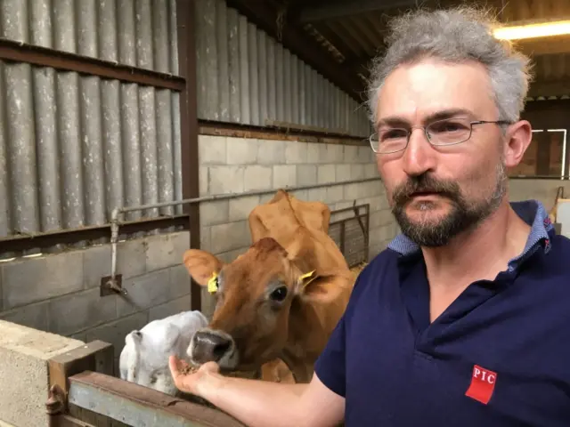 Stuart Mayhew with a Jersey cow