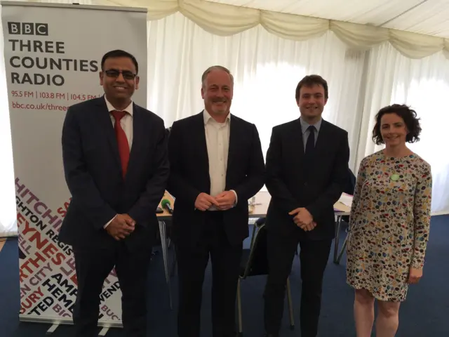 Bedford and Kempston candidates (L to R): Mohammad Yasin (Labour), Richard Fuller (Conservative), Henry Vann (Lib Dem), Lucy Bywater (Green)