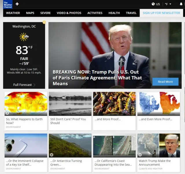 A screenshot of the Weather Channel's front page on Thursday