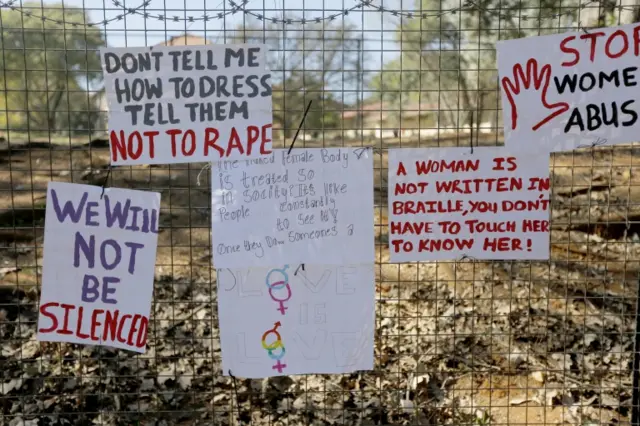 Posters written by girls from Parktown Girls High are seen hanging outside their school as part of a protest to highlight women"s rights in Johannesburg, South Africa, 01 June 2017.