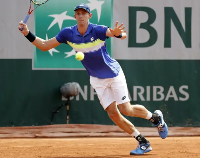 Kevin Anderson of South Africa in action against Nick Kyrgios of Australia during their menâ€™s single 2nd round match during the French Open tennis tournament at Roland Garros in Paris, France, 01 June 2017.