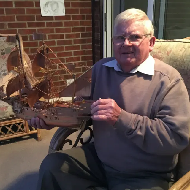 Mel Oxborrow with his model of the Golden Hind