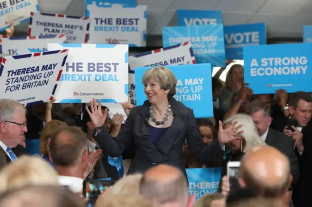 Conservative party leader Theresa May delivers a speech at Derby County FC while on the General Election campaign trail. 1 June 2017