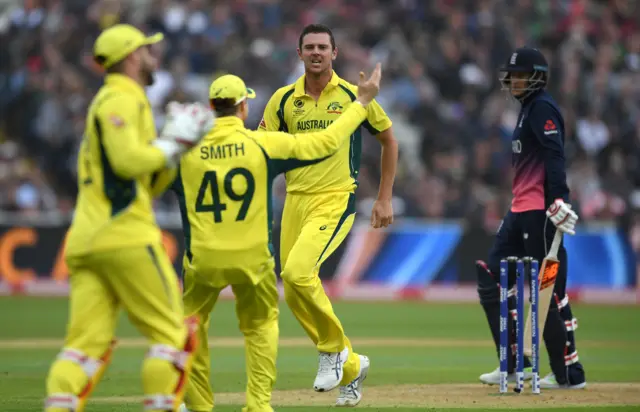 Hazlewood celebrates dismissing Joe Root