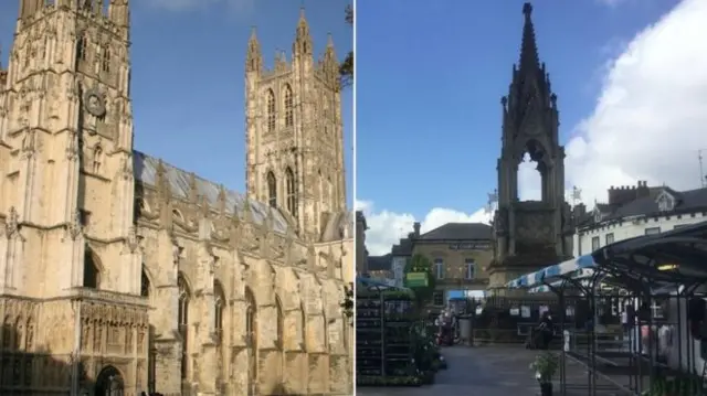 Composite image showing Canterbury Cathedral and central Mansfield