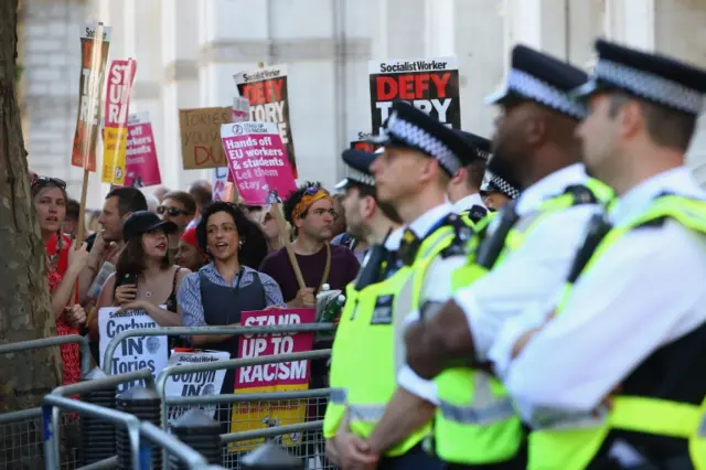 Protesters behind a police barrier