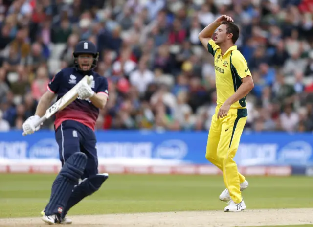 Josh Hazlewood reacts after James Wade drops Eoin Morgan