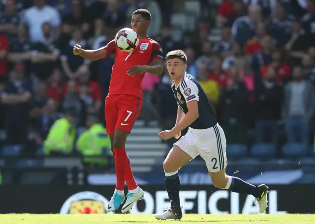 Marcus Rashford controls the ball on his chest