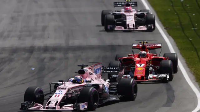 Perez, Raikkonen and Ocon battle for position