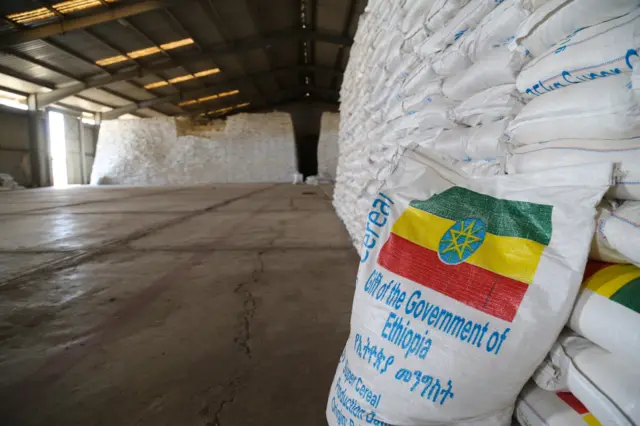 Sacks of emergency food supplies are pictured at the Ethiopia's largest 'strategic grain reserve' depot in Adama, on February 13, 2016.