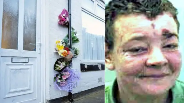 After Angela Wrightson's death, local people left flowers at the door of the house where she was killed. She is pictured on the right, aged 34